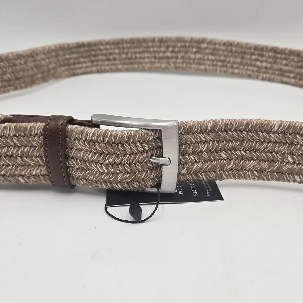 PX CLOTHING Men's 46 Brown Tan Cream Woven‎ Corded Thick Belt Adj (no holes)